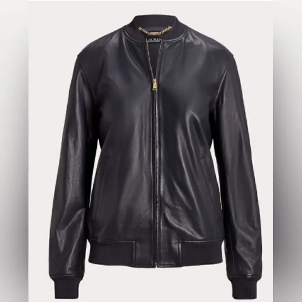 NWT‎ LAUREN RALPH LAUREN Dark Navy Stretch Leather Bomber Jacket - Size Large